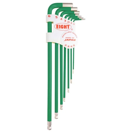 Eight Tool TAPER HEAD HEX KEY L-HANDLE EXTRA LONG SET, 7PC 1.5-6MM GRN TLC-S7GR